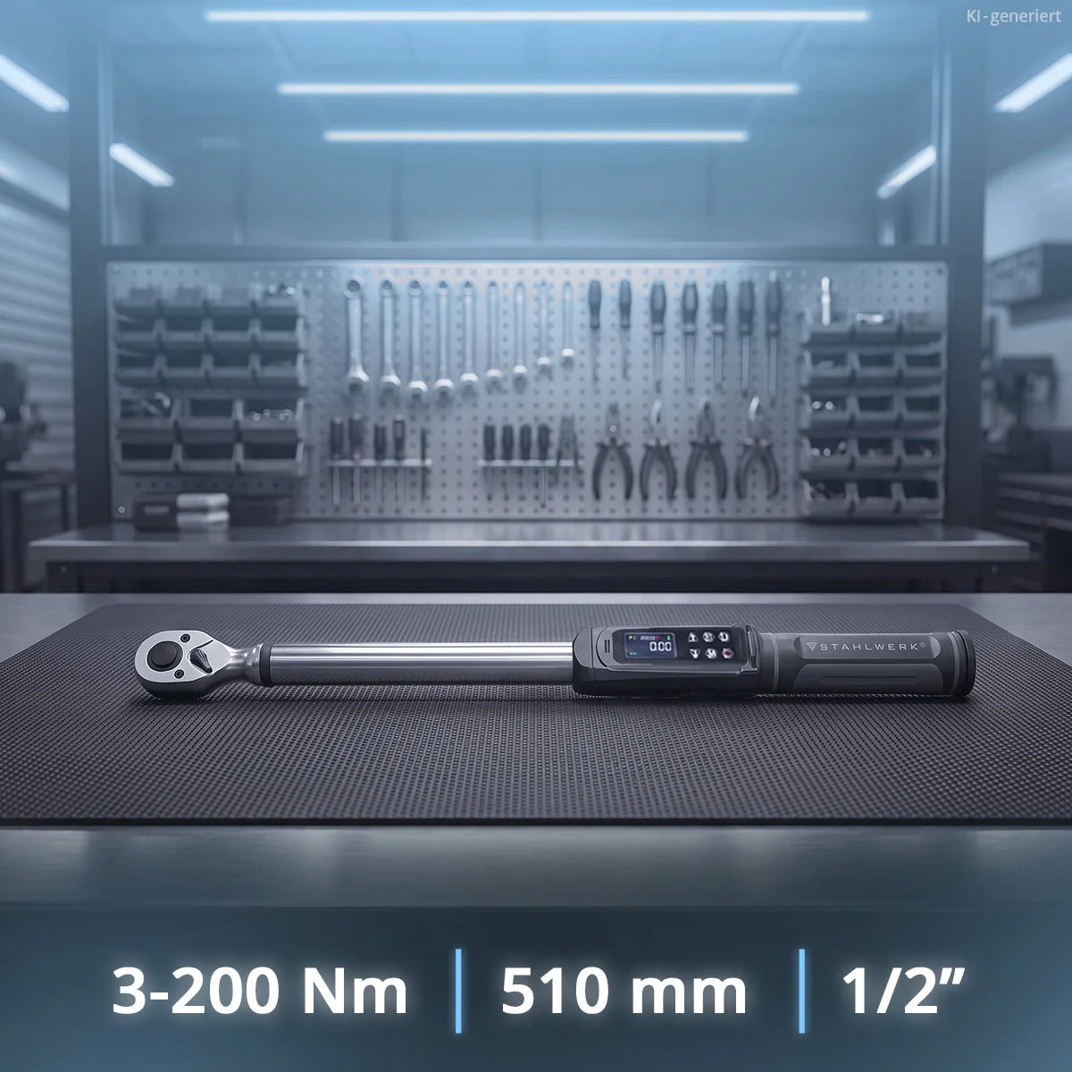 Llave dinamométrica digital STAHLWERK 3-200 Nm montaje 1/2" | 72 dientes | 510 mm | con certificado de calibración | carraca reversible | llave de carraca | carraca | pantalla LED y caja de transporte