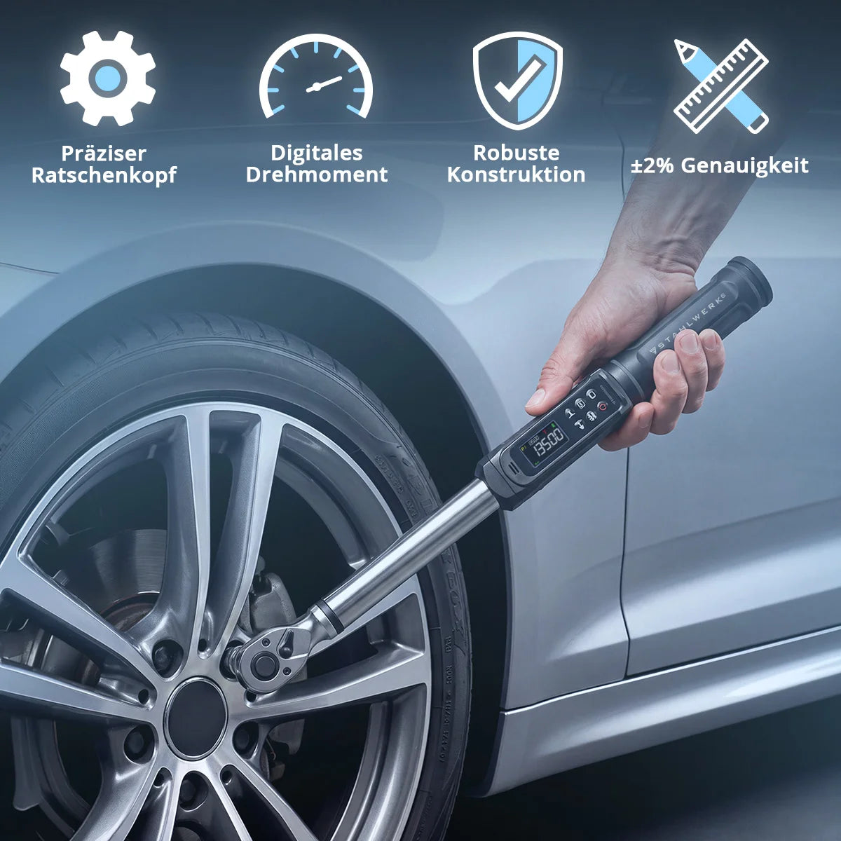 Llave dinamométrica digital STAHLWERK 3-200 Nm montaje 1/2" | 72 dientes | 510 mm | con certificado de calibración | carraca reversible | llave de carraca | carraca | pantalla LED y caja de transporte