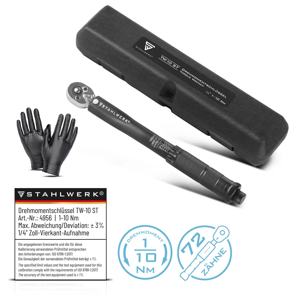 Llave dinamométrica STAHLWERK TW-10 ST 1-10 Nm Carraca reversible de 1/4" pulgadas | llave de carraca | carraca | carraca con escala micrométrica