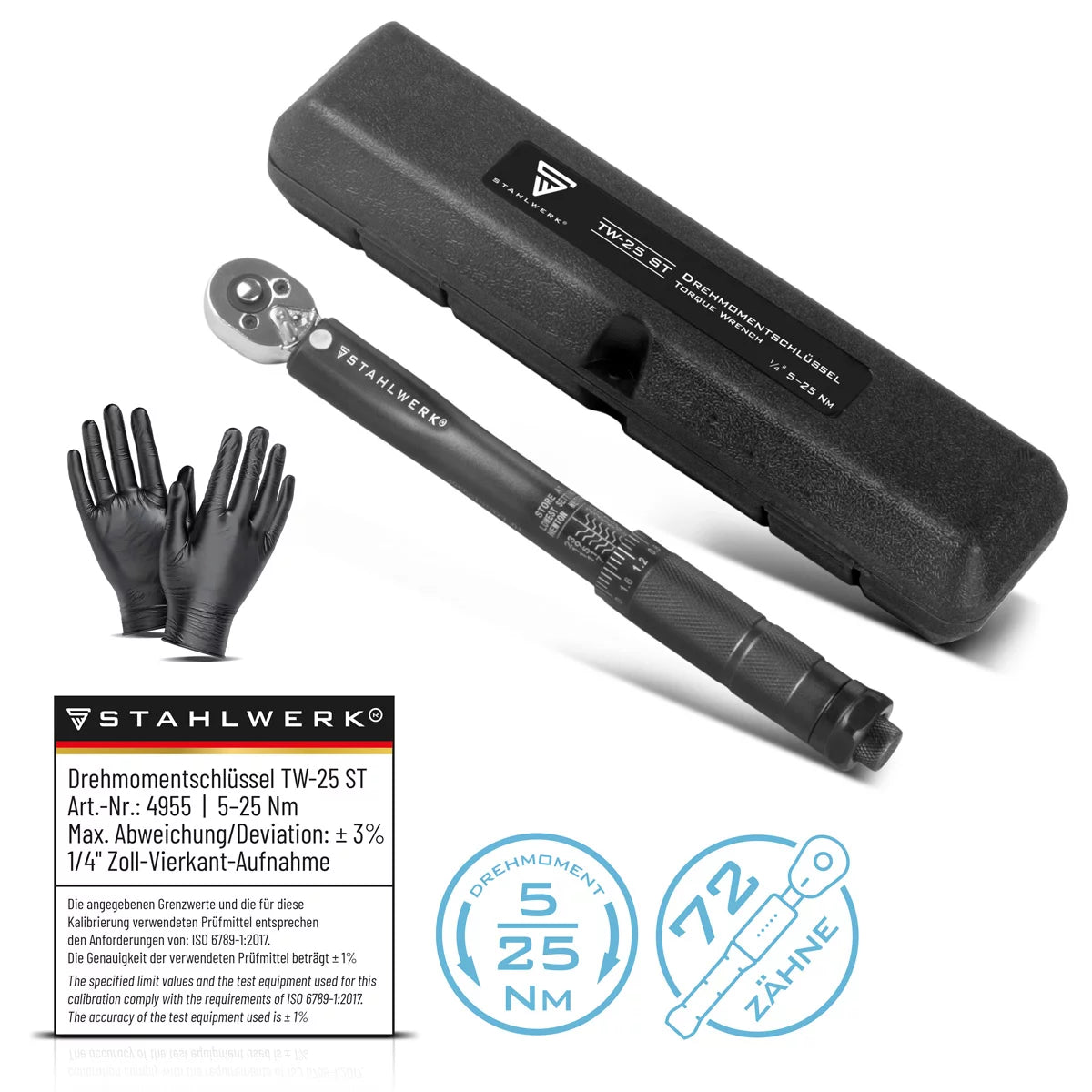 Llave dinamométrica STAHLWERK TW-25 ST 5-25 Nm Carraca reversible de 1/4" pulgadas | llave de carraca | carraca | carraca con escala micrométrica