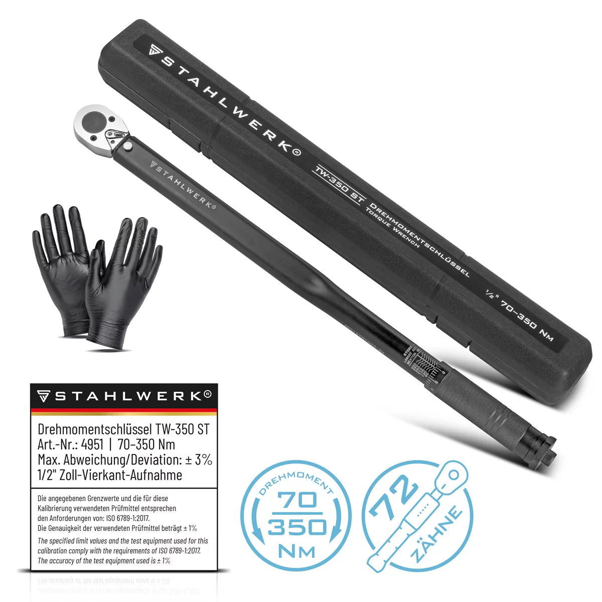 STAHLWERK Drehmomentschlüssel TW-350 ST 70-350 Nm 1/2“ Zoll Umschaltknarre | Ratschenschlüssel | Ratsche | Knarre mit Mikrometerskala