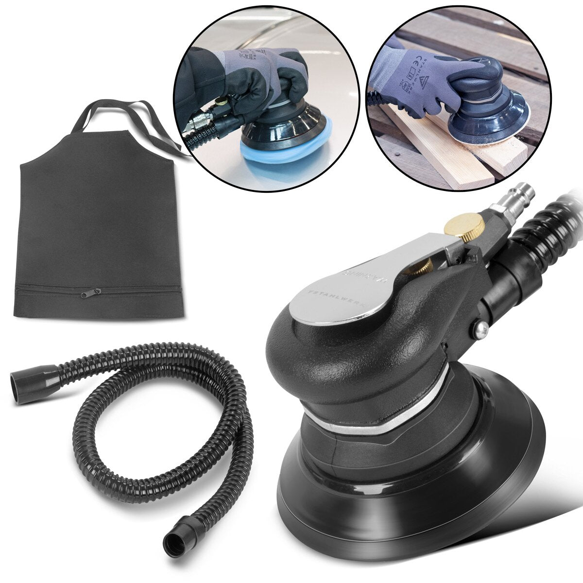 STAHLWERK compressed air eccentric sander DES-125 ST | Compressed air sander with 125 mm sanding plate | Polishing machine for polishing and grinding metal, plastic and wood including suction system and dust bag