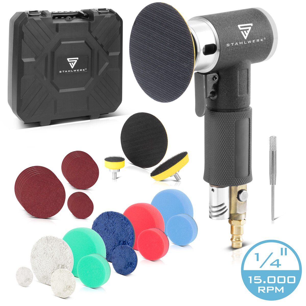 Kit de ponceuses excentriques à air comprimé STAHLWERK OSK-150 ST jusqu'à 15 000 tr/min, ponceuse à air comprimé réglable en continu | Broyeur | Ponceuse rotative | Machine à poncer et à polir avec accessoires