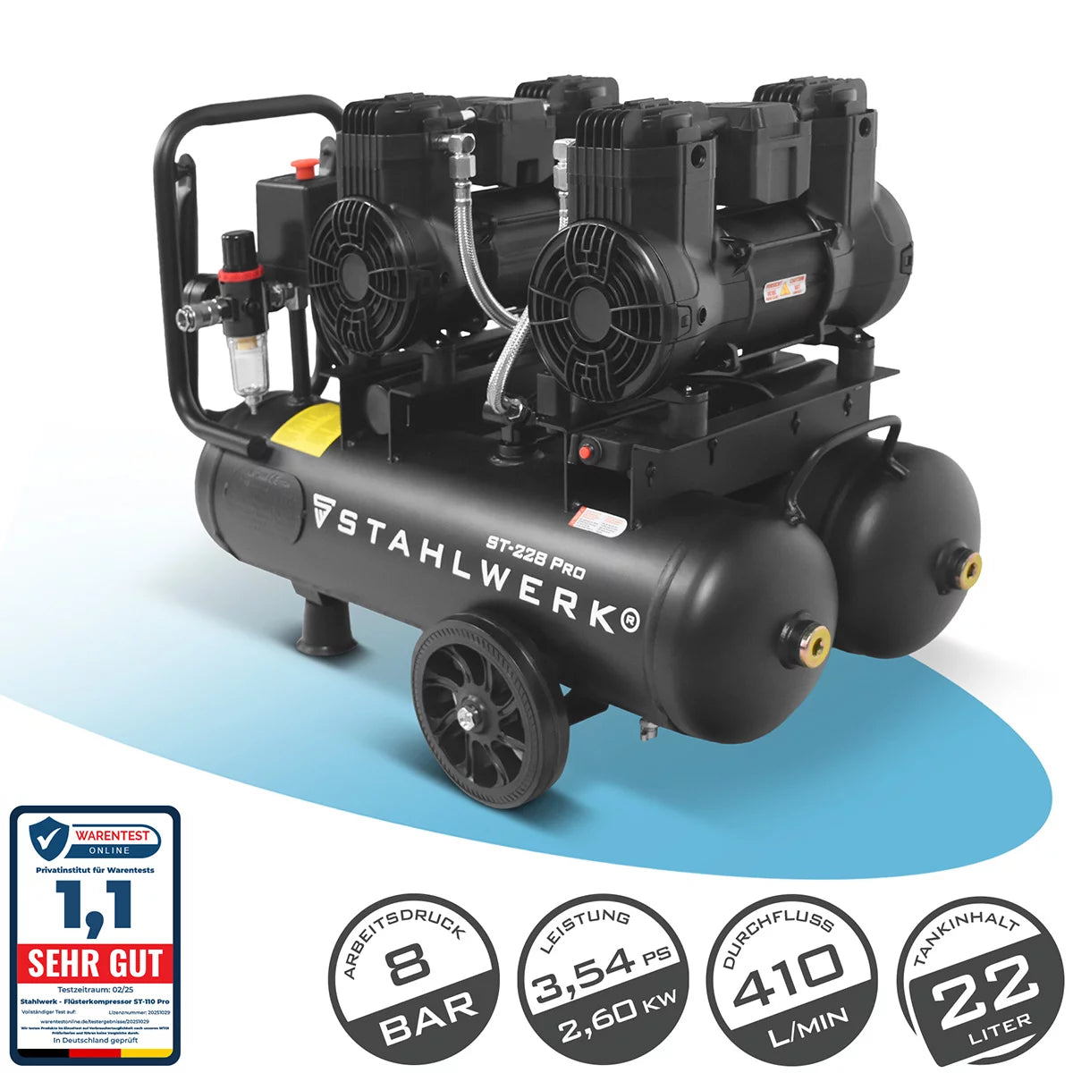 STAHLWERK Kompressor ST-228 Pro mit 8 bar | 3,54 PS | 2,6 kW | 410 l/min | 22 L Tank ölfreier Druckluft-Kompressor | Kolben-Kompressor | Silent-Kompressor | Flüster-Kompressor mit Brushless-Motoren