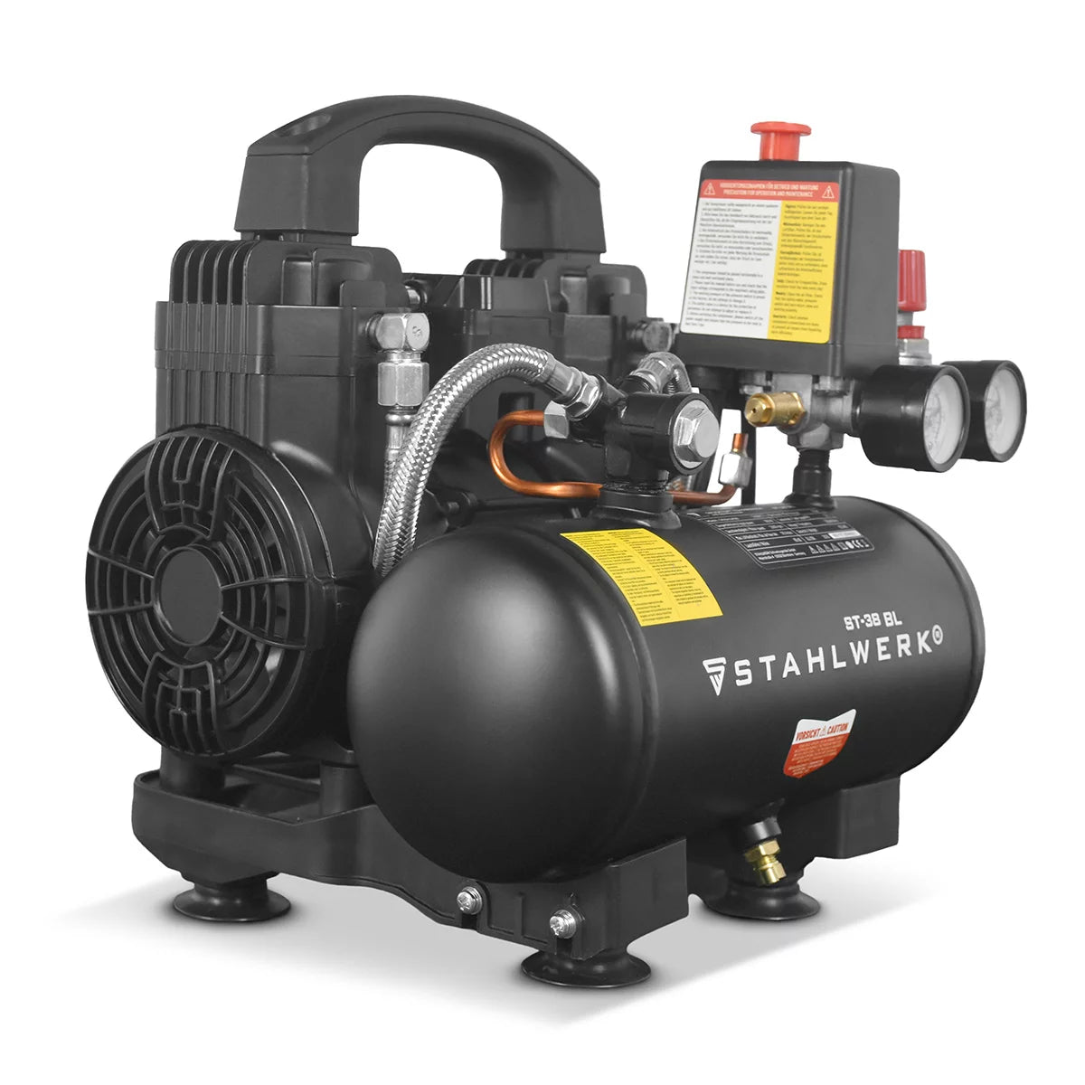 Compresor STAHLWERK ST-38 BL con 8 bar | 1,22 CV | 0,90 kW | 170 l/min | Compresor de aire comprimido sin aceite con depósito de 3 L | Compresor de pistón | Compresor silencioso | Compresor Whisper con motores sin escobillas.