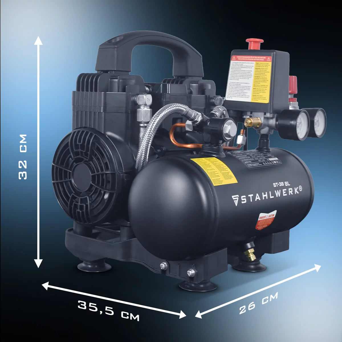 Compresor STAHLWERK ST-38 BL con 8 bar | 1,22 CV | 0,90 kW | 170 l/min | Compresor de aire comprimido sin aceite con depósito de 3 L | Compresor de pistón | Compresor silencioso | Compresor Whisper con motores sin escobillas.