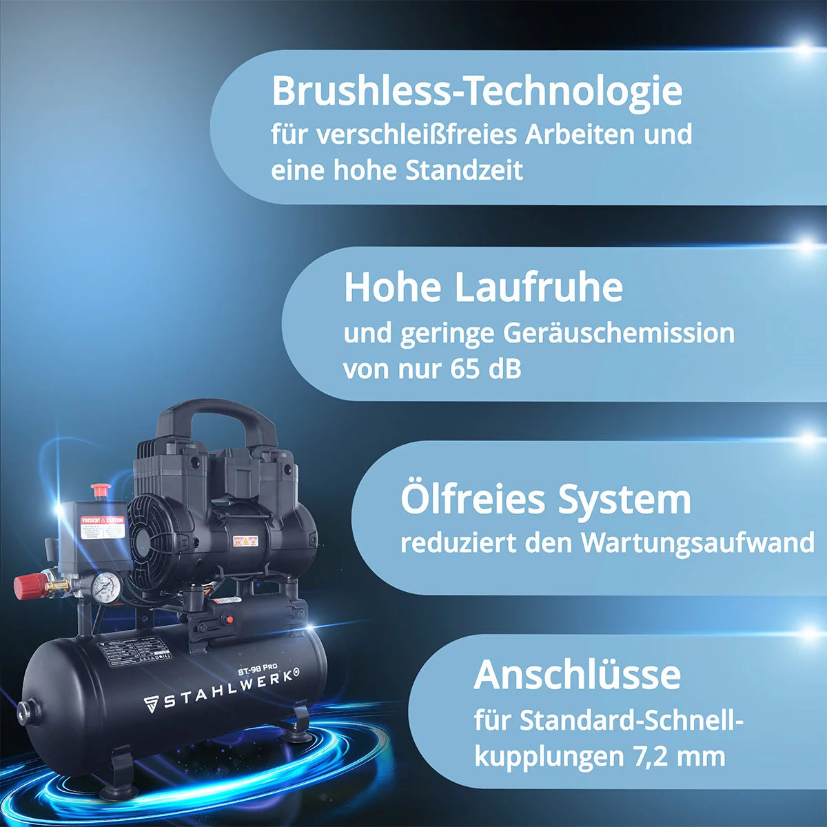 STAHLWERK Kompressor ST-98 Pro mit 8 bar | 1,22 PS | 0,90 kW | 170 l/min | 9 L Tank ölfreier Druckluft-Kompressor | Kolben-Kompressor | Silent-Kompressor | Flüster-Kompressor mit Brushless-Motoren