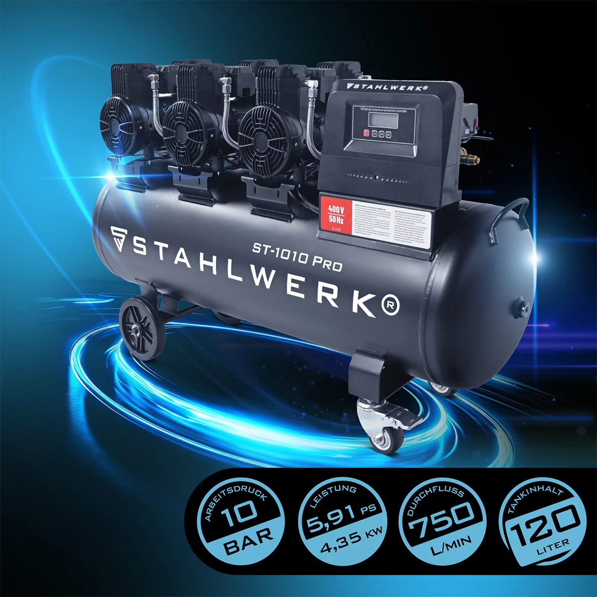 Compresseur STAHLWERK ST-1010 Pro avec 10 bars | 5,91 ch | 4,35 kW | 750 l/min | Compresseur d'air comprimé sans huile avec réservoir de 120 L | Compresseur à pistons | Compresseur silencieux | Compresseur silencieux avec moteurs sans balais