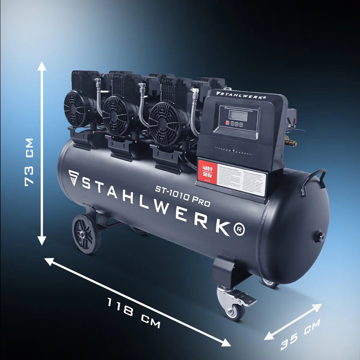 Compresseur STAHLWERK ST-1010 Pro avec 10 bars | 5,91 ch | 4,35 kW | 750 l/min | Compresseur d'air comprimé sans huile avec réservoir de 120 L | Compresseur à pistons | Compresseur silencieux | Compresseur silencieux avec moteurs sans balais