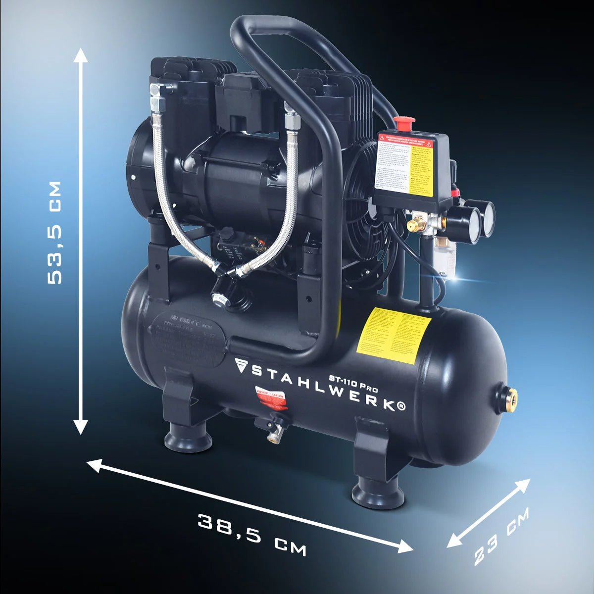 STAHLWERK Kompressor ST-110 Pro mit 8 bar | 1,97 PS | 1,45 kW | 250 l/min | 10 l Tank ölfreier Druckluft-Kompressor | Kolben-Kompressor | Silent-Kompressor | Flüster-Kompressor mit Brushless-Motoren