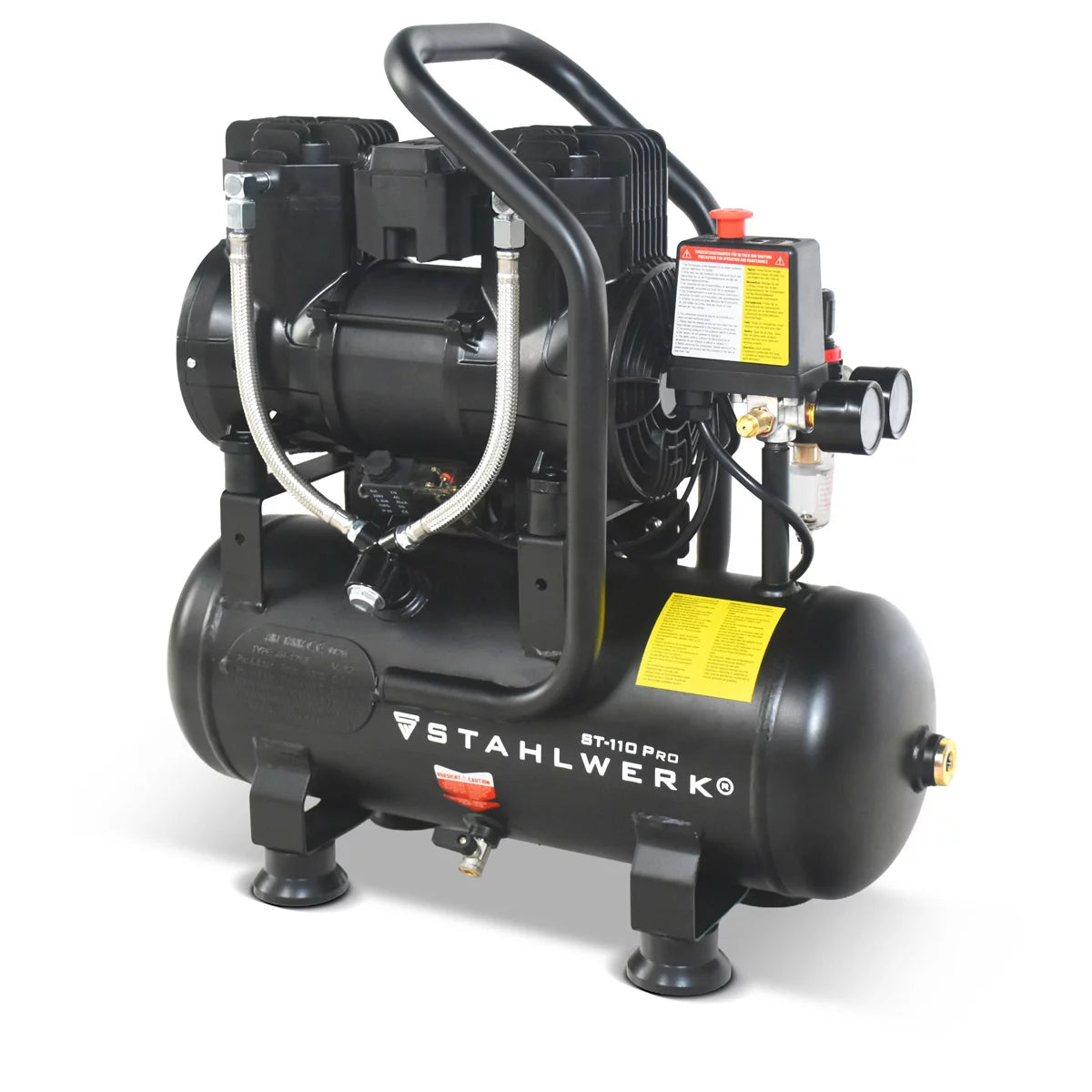 STAHLWERK Kompressor ST-110 Pro mit 8 bar | 1,97 PS | 1,45 kW | 250 l/min | 10 l Tank ölfreier Druckluft-Kompressor | Kolben-Kompressor | Silent-Kompressor | Flüster-Kompressor mit Brushless-Motoren