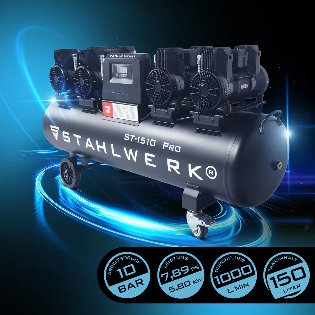 Compresseur STAHLWERK ST-1510 Pro avec 10 bars | 7,89 ch | 5,80 kW | 1000 l/min | Compresseur d'air comprimé sans huile avec réservoir de 150 L | Compresseur à pistons | Compresseur silencieux | Compresseur silencieux avec moteurs sans balais