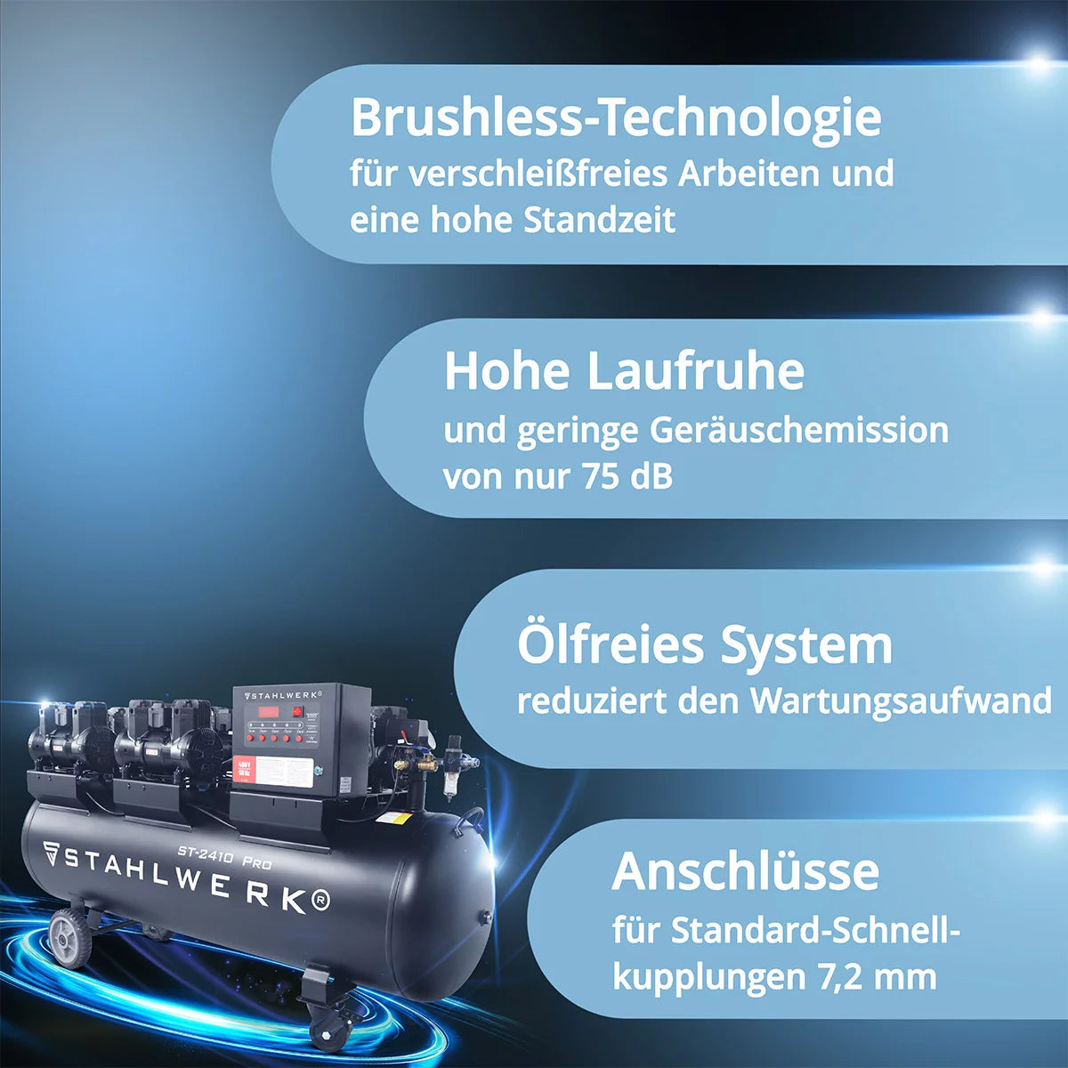 STAHLWERK Kompressor ST-2410 Pro mit 10 bar | 9,86 PS | 7,25 kW | 1250 l/min | 240 L Tank ölfreier Druckluft-Kompressor | Kolben-Kompressor | Silent-Kompressor | Flüster-Kompressor mit Brushless-Motoren