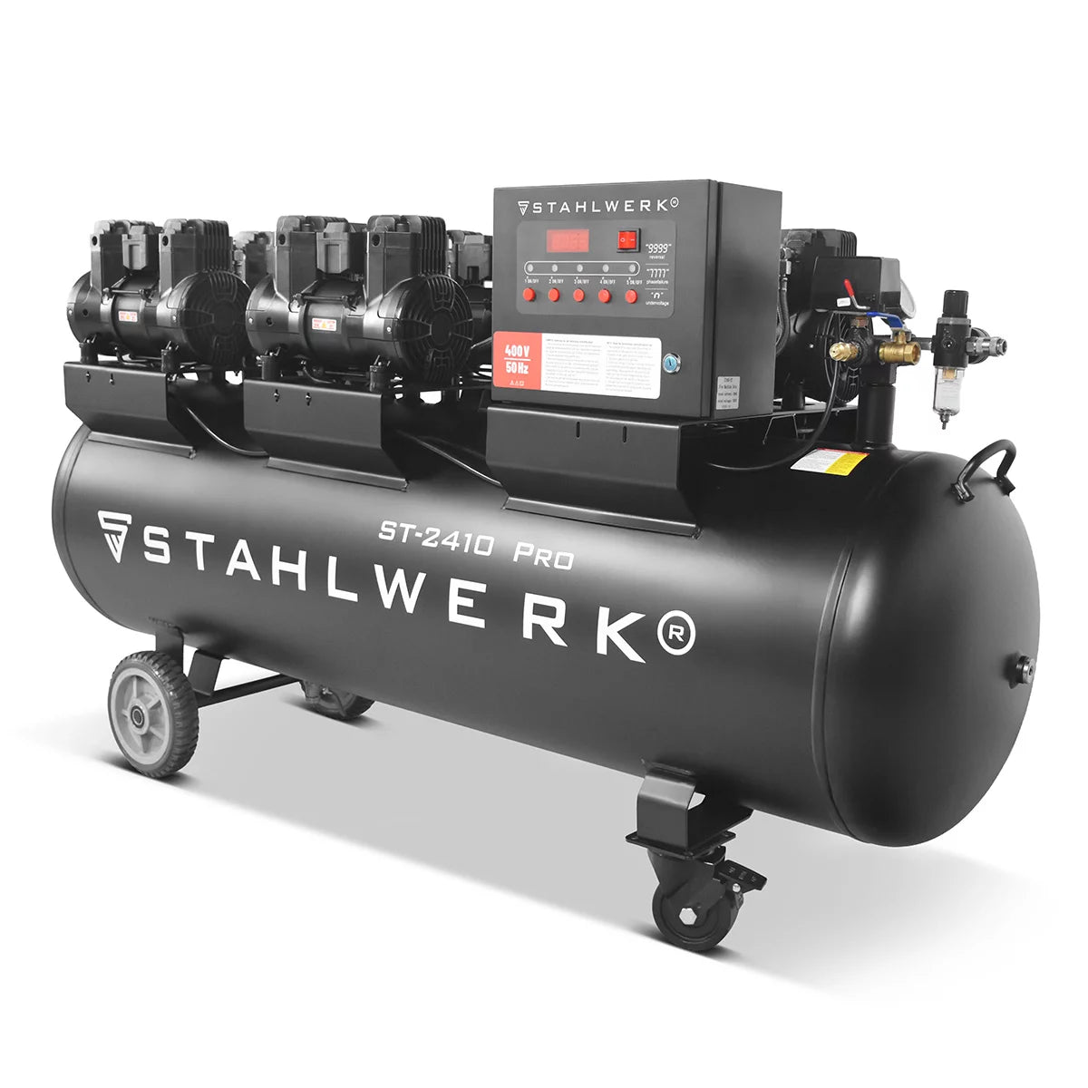 STAHLWERK Kompressor ST-2410 Pro mit 10 bar | 9,86 PS | 7,25 kW | 1250 l/min | 240 L Tank ölfreier Druckluft-Kompressor | Kolben-Kompressor | Silent-Kompressor | Flüster-Kompressor mit Brushless-Motoren