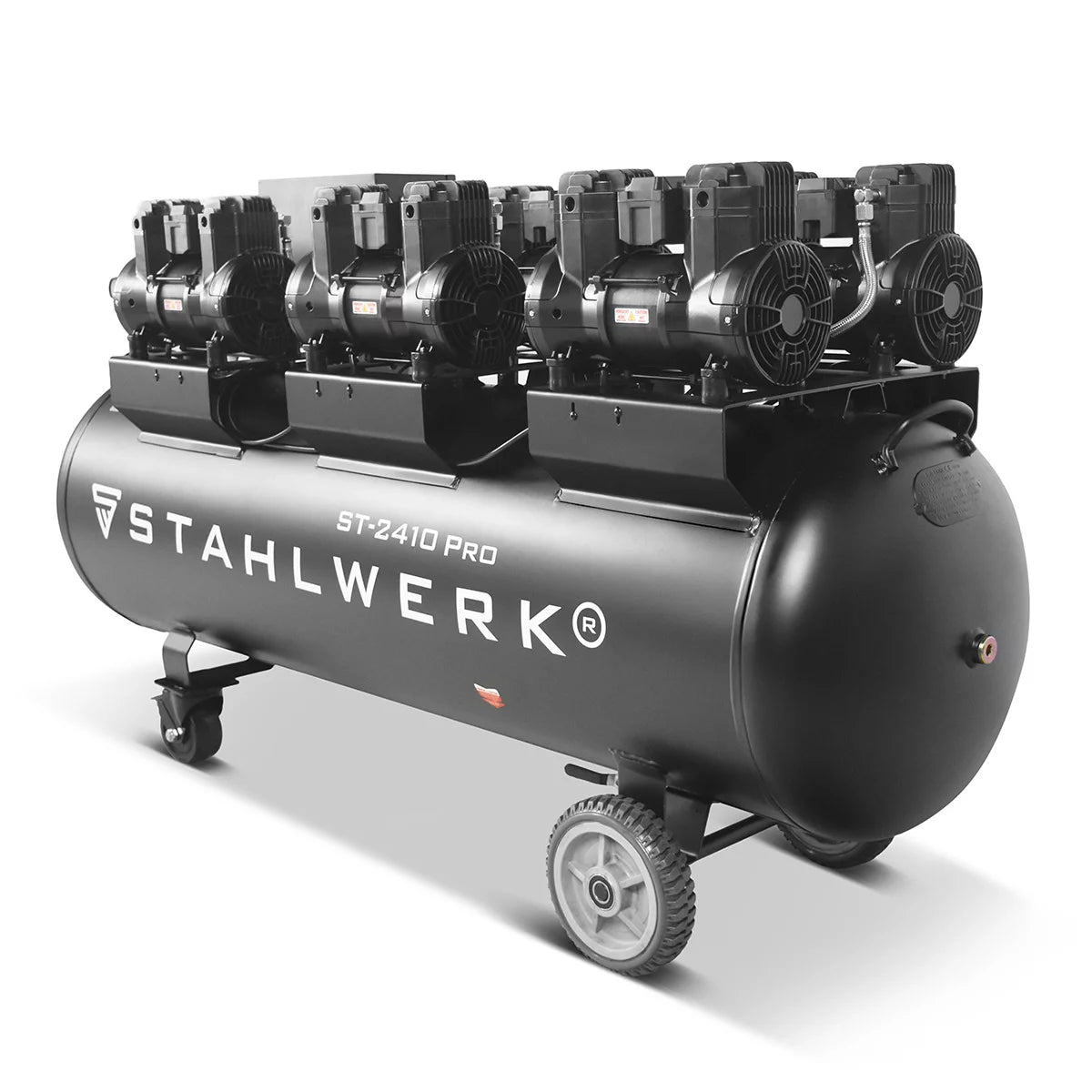 STAHLWERK Kompressor ST-2410 Pro mit 10 bar | 9,86 PS | 7,25 kW | 1250 l/min | 240 L Tank ölfreier Druckluft-Kompressor | Kolben-Kompressor | Silent-Kompressor | Flüster-Kompressor mit Brushless-Motoren