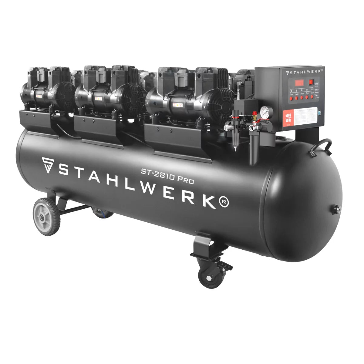 STAHLWERK Kompressor ST-2810 Pro mit 10 bar | 11,83 PS | 8,70 kW | 1500 l/min | 280 L Tank ölfreier Druckluft-Kompressor | Kolben-Kompressor | Silent-Kompressor | Flüster-Kompressor mit Brushless-Motoren