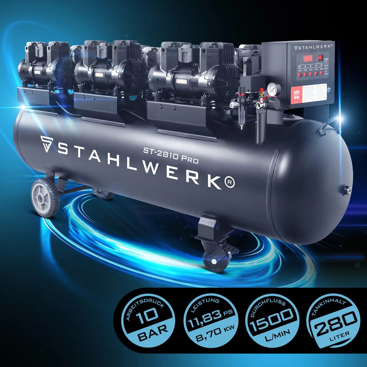 STAHLWERK Kompressor ST-2810 Pro mit 10 bar | 11,83 PS | 8,70 kW | 1500 l/min | 280 L Tank ölfreier Druckluft-Kompressor | Kolben-Kompressor | Silent-Kompressor | Flüster-Kompressor mit Brushless-Motoren