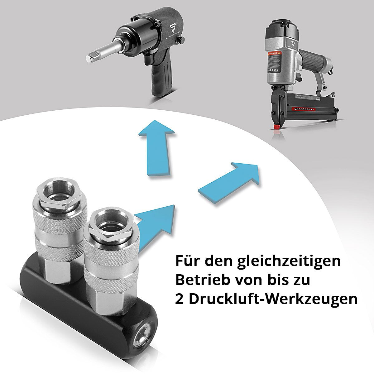 STAHLWERK 2-fach Druckluft-Verteiler | 2-Wege-Verteiler-Anschluss | Druckluft-Adapter | Pneumatik-Verteiler bis 35 bar mit Schnellkupplung NW 7.2 und 1/4 Zoll Anschlussgewinde für Druckluft-Kompressoren