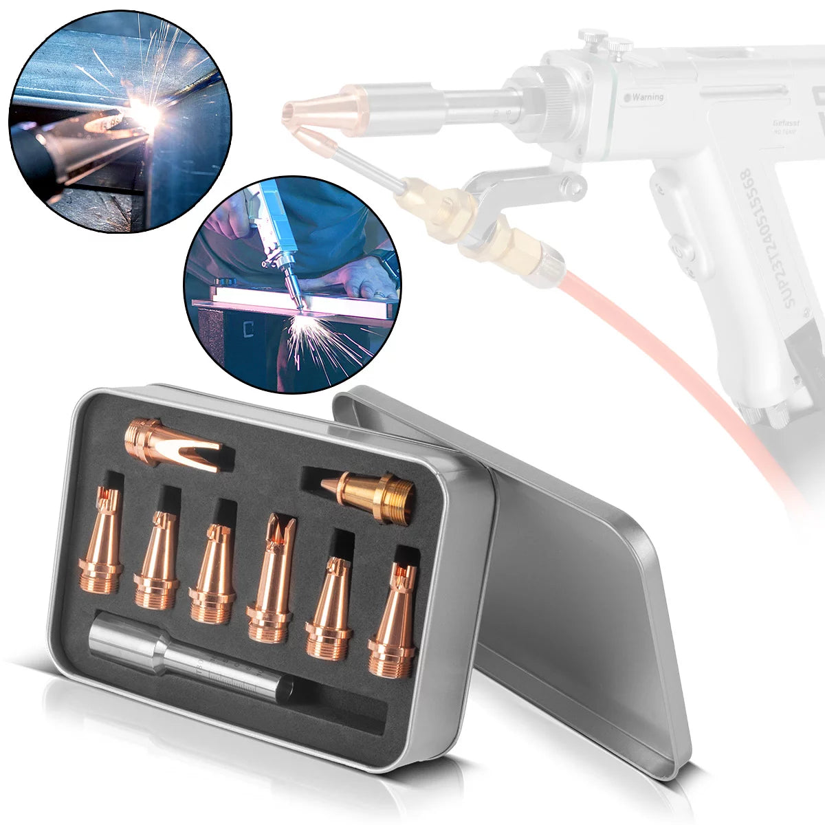 STAHLWERK Laser-Düsen 9er Set Profi-Zubehör für Laser-Schweißbrenner SUP 23T | Laser-Schweißgeräte-Zubehör mit 7 Schweißdüsen, 1 Schneiddüse und 1 Düsenträger inklusive Schutzbox