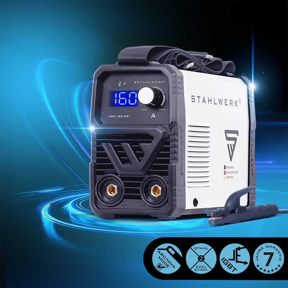 Saldatrice ad elettrodo completamente attrezzata STAHLWERK ARC 160 MD - Saldatrice DC MMA, E-Hand, Lift-TIG | Regolazione infinita | 160 Amp reali | Molto compatto e leggero | Avvio a caldo, antiaderente, raffreddamento intelligente | Tecnologia IGBT