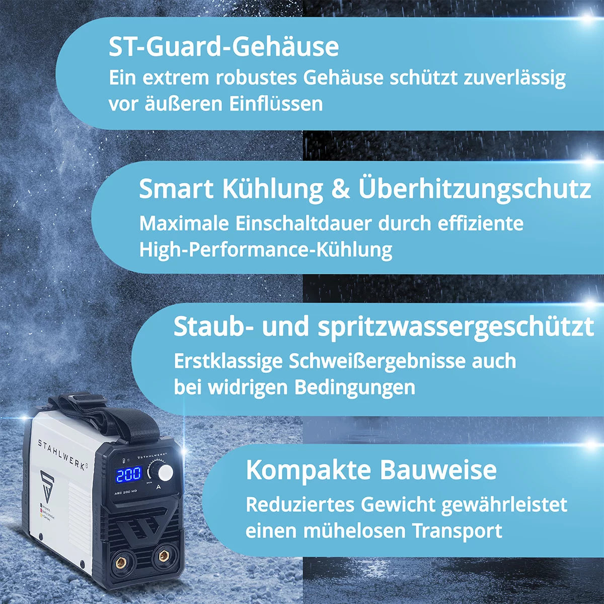 Poste de soudage à électrode STAHLWERK ARC 200 MD avec 200 ampères Entièrement équipé | Casque de soudage | Électrodes | DC MMA/E-Main | Ascenseur TIG | Démarrage à chaud | Refroidissement intelligent | Planche simple | Très compact