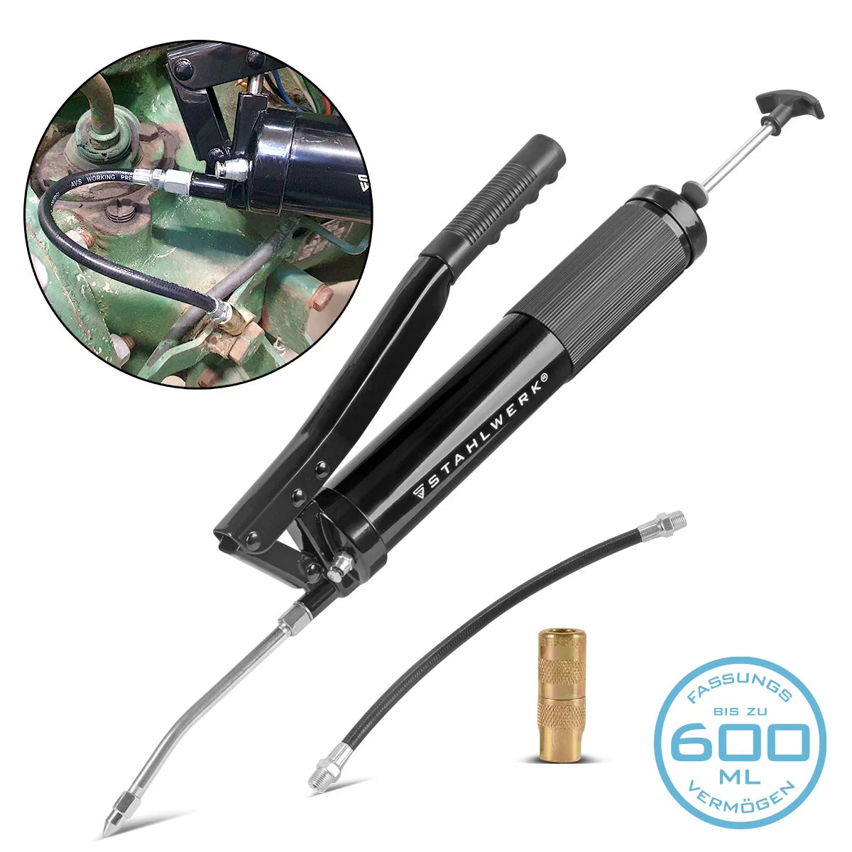 STAHLWERK one-hand grease gun 600 ml 550 bar | Hand lever press made of robust steel | Grease gun for loose grease or 400 g cartridge | Hand press for lubrication with flexible hose and extension tube