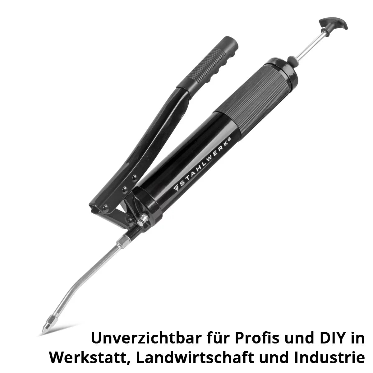 STAHLWERK one-hand grease gun 600 ml 550 bar | Hand lever press made of robust steel | Grease gun for loose grease or 400 g cartridge | Hand press for lubrication with flexible hose and extension tube