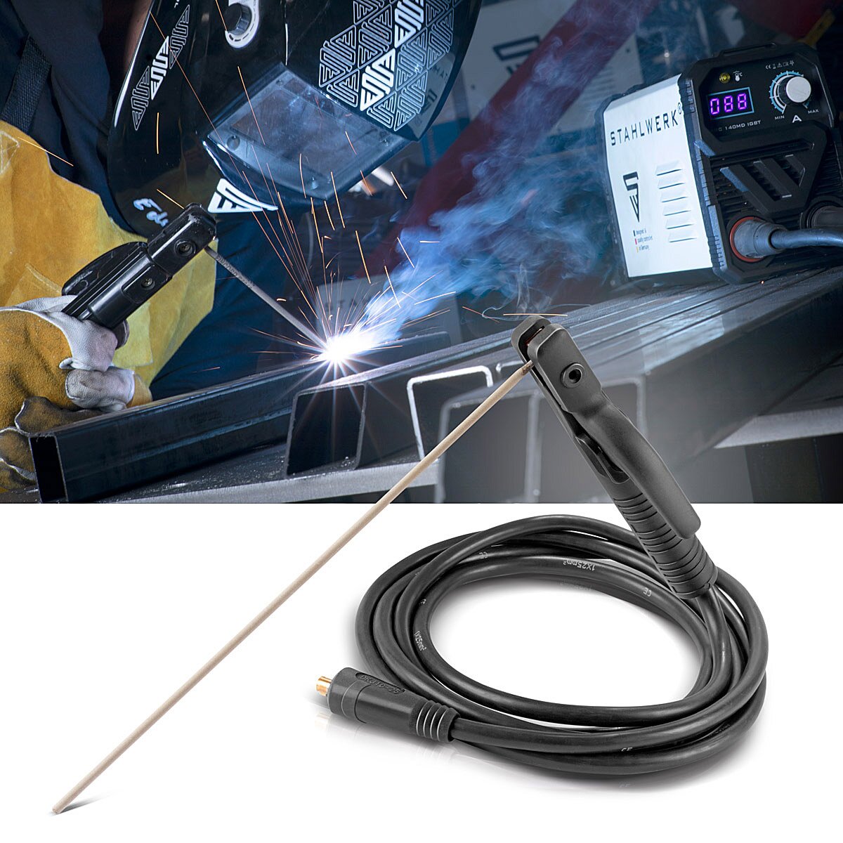 STEEL PLANT MMA | ARC electrode holder up to 200 A welding gun | Electrode forceps | Electrode clamp for welding machines including 3 m welding cable made of pure copper with 25 mm² and 9 mm plug