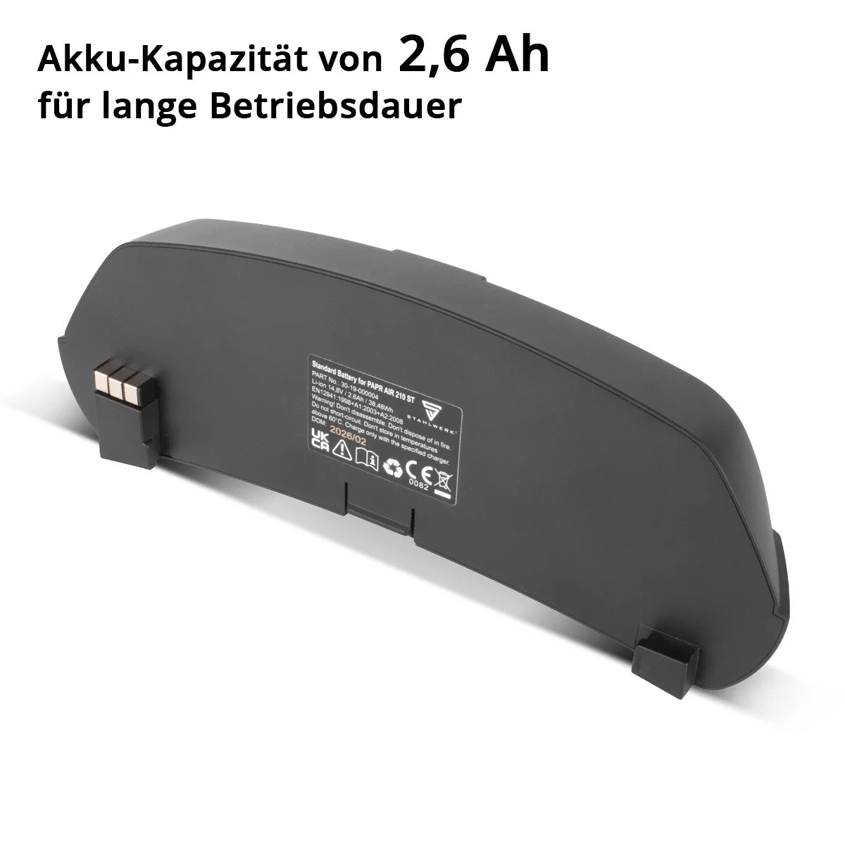 Batterie de rechange STAHLWERK pour casques de soudage à air frais avec unité de ventilation | Batterie Li-Ion 2,6 Ah | Accessoires pour masques de soudage MASTER AIR et BOOSTER AIR | Système de filtration d'air neuf PAPR AIR 210 ST