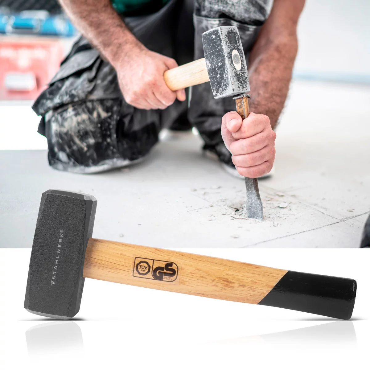 STAHLWERK fist with 1000 g hammer head | Plate hammer made of hardened and painted carbon steel | high-quality hammer with break-proof hardwood handle | TÜV + GS tested