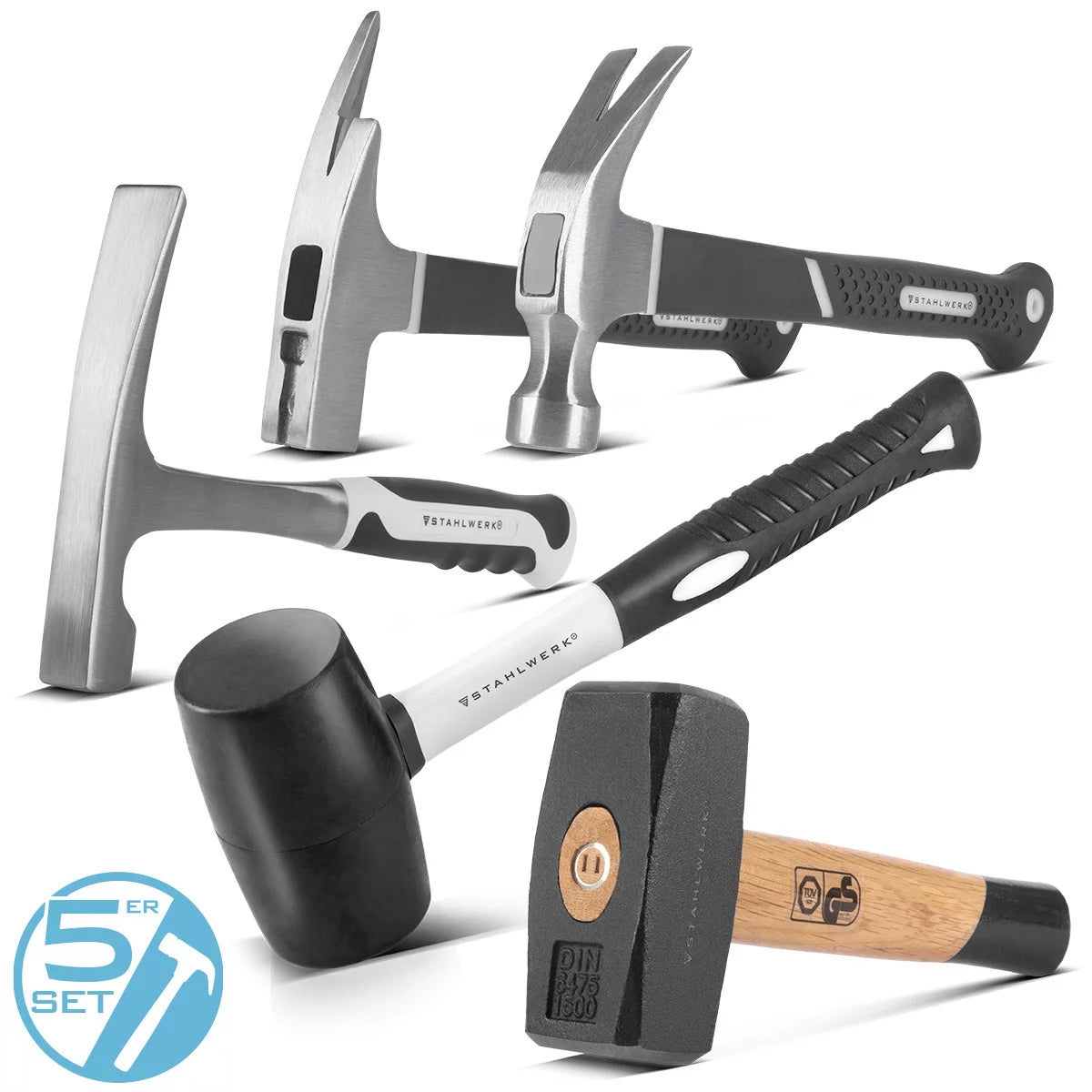 STAHLWERK Hammer 5er Set mit Fäustel, Klauenhammer, Maurerhammer, Latthammer und Gummihammer