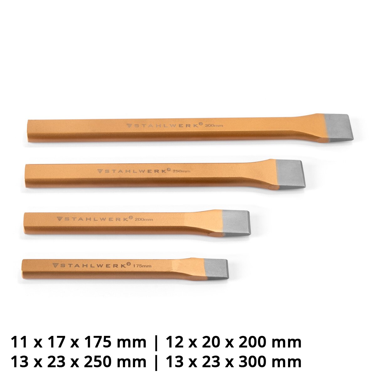 STAHLWERK set di 4 scalpelli piatti oro 175 | 200| 250| Scalpello manuale da 300 mm in acciaio temprato per la cesellatura professionale di metallo, pietra, legno, cemento, piastrelle e plastica