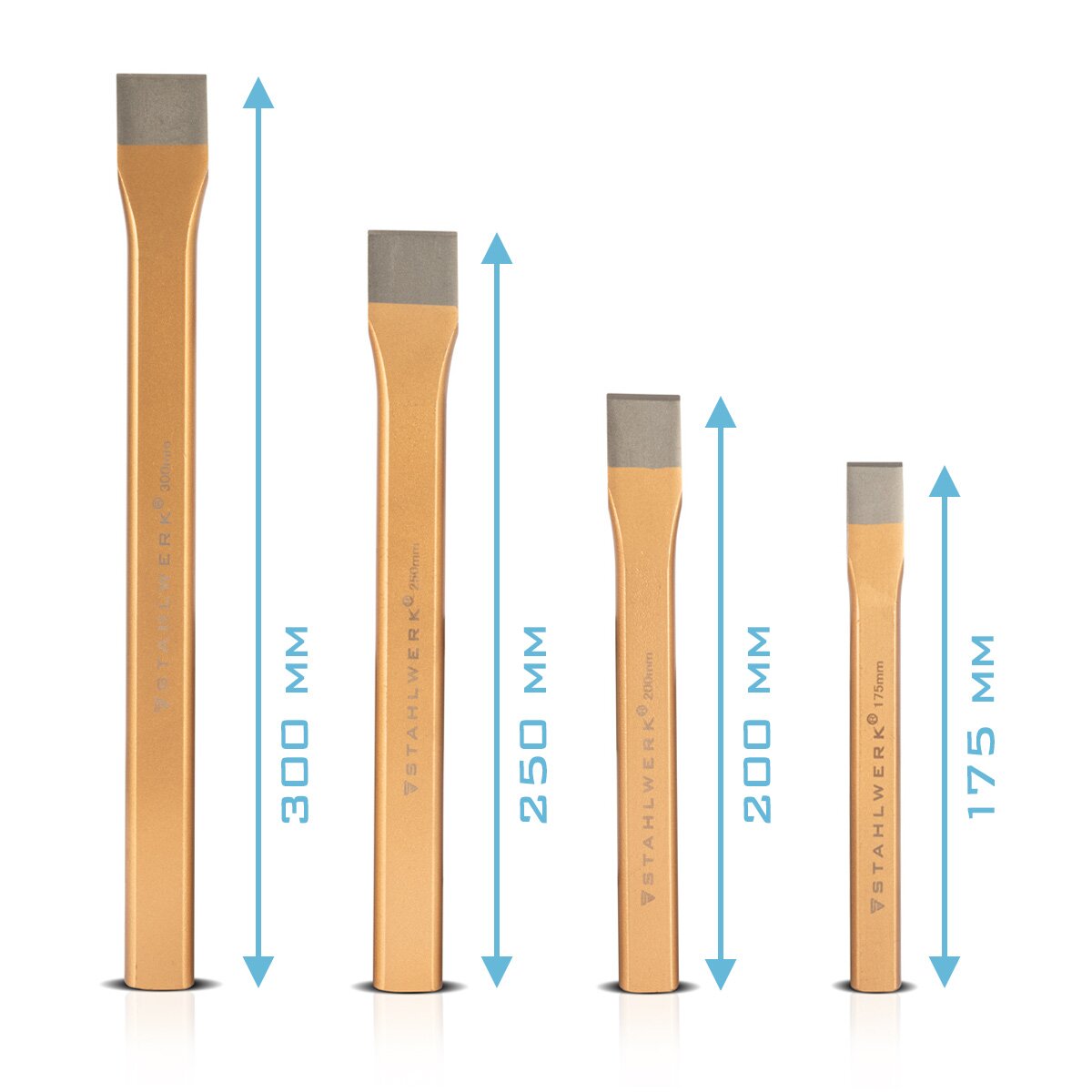 STAHLWERK set di 4 scalpelli piatti oro 175 | 200| 250| Scalpello manuale da 300 mm in acciaio temprato per la cesellatura professionale di metallo, pietra, legno, cemento, piastrelle e plastica