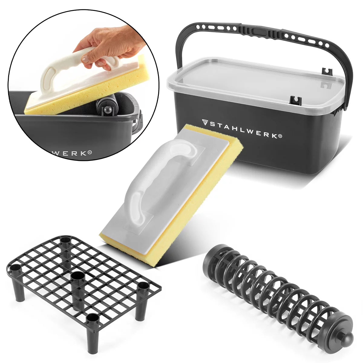 Kit de lavage de carrelage STAHLWERK | Set de lavage carreleur 4 pièces | set de lavage de carrelage professionnel avec seau de 12 litres flotter | Nettoyage de carrelage | carrelage parfait
