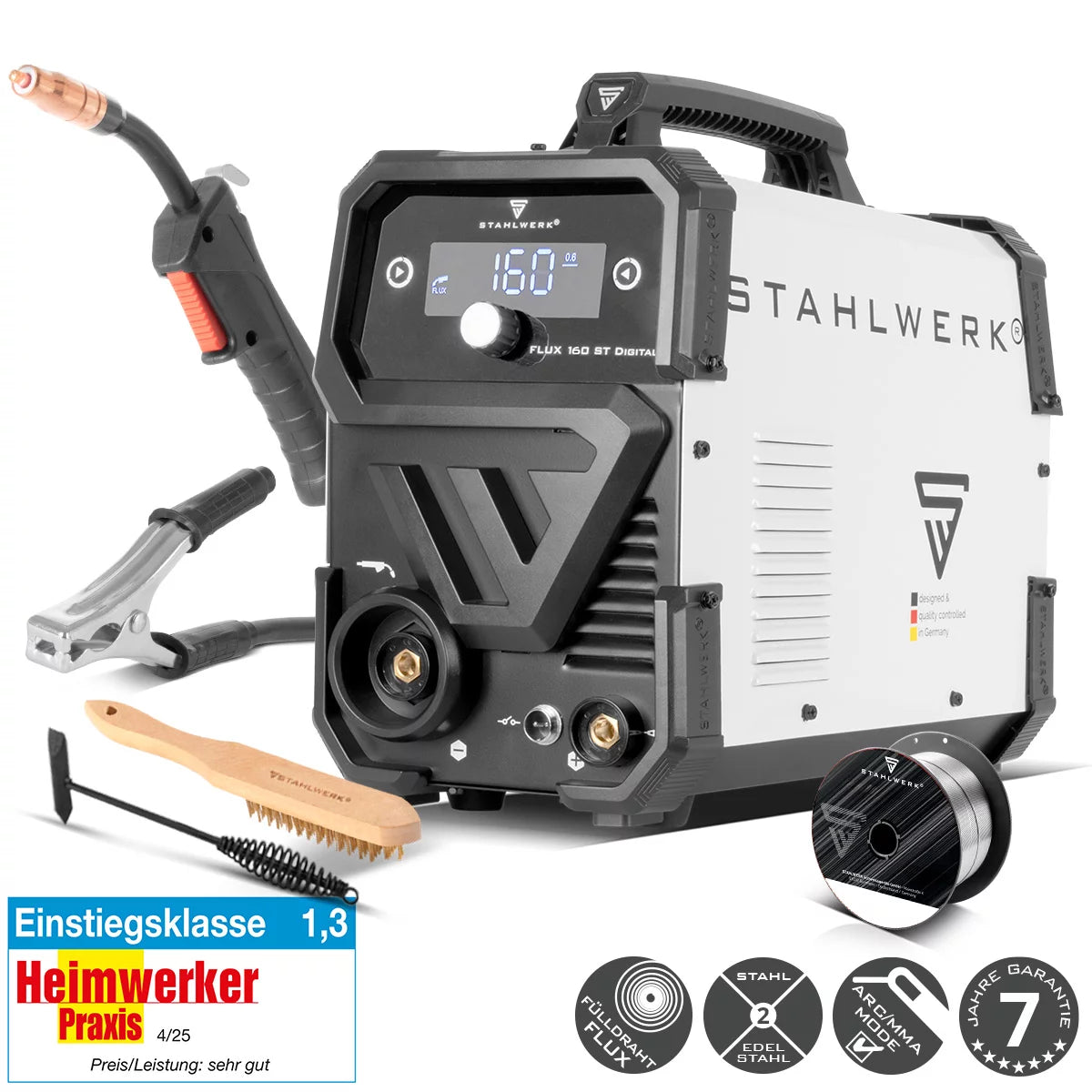 STAHLWERK FLUX 160 ST Digital | 3-in-1 Fülldraht-Inverter 160 A | Schweißgerät für FLUX, MMA, Lift-TIG | Synergischer Drahtvorschub | Schweißen ohne Schutzgas | Digitales Display | Einfache Bedienung
