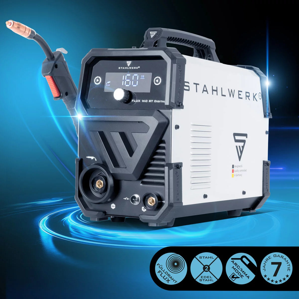 STAHLWERK FLUX 160 ST Digital | 3-in-1 Fülldraht-Inverter 160 A | Schweißgerät für FLUX, MMA, Lift-TIG | Synergischer Drahtvorschub | Schweißen ohne Schutzgas | Digitales Display | Einfache Bedienung
