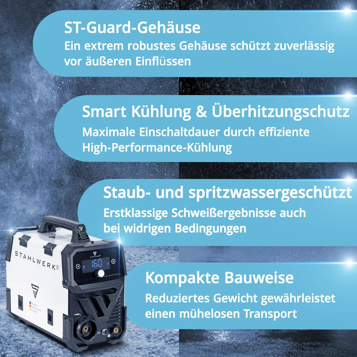 STAHLWERK FLUX 160 ST Numérique | Onduleur à fil fourré 3 en 1 160 A | Machine à souder pour FLUX, MMA, Lift-TIG | Dévidoir synergique | Soudage sans gaz de protection | Affichage numérique | Facile à utiliser