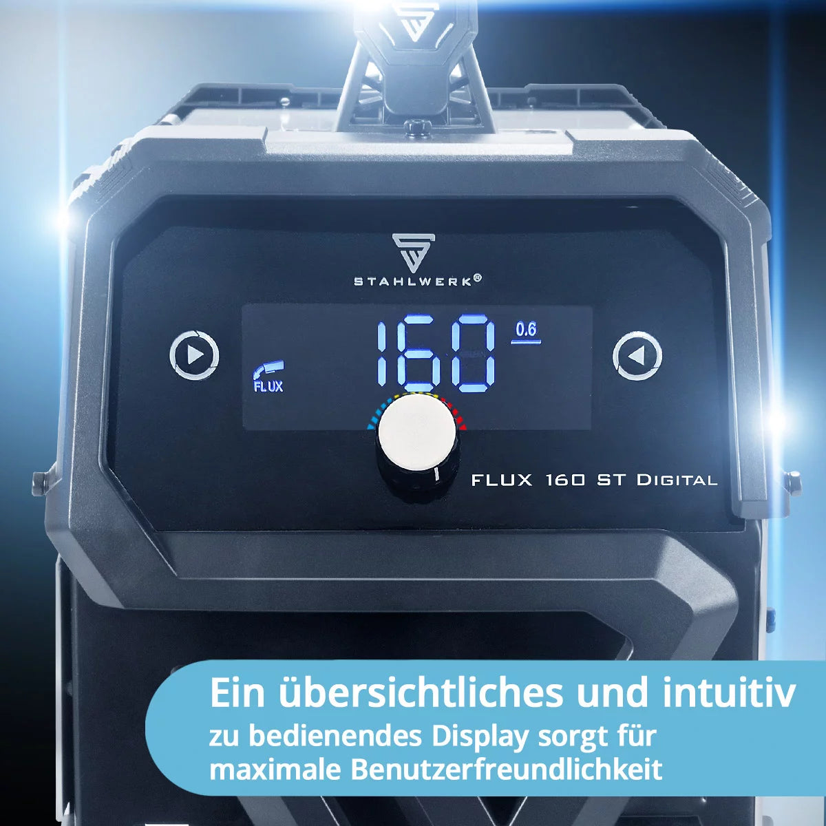 STAHLWERK FLUX 160 ST Numérique | Onduleur à fil fourré 3 en 1 160 A | Machine à souder pour FLUX, MMA, Lift-TIG | Dévidoir synergique | Soudage sans gaz de protection | Affichage numérique | Facile à utiliser