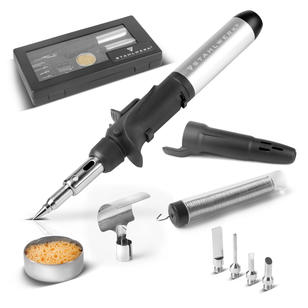 STAHLWERK gas soldering iron GLK-500 ST 10-piece 3-in-1 gas soldering set | Soldering device | Soldering station | Soldering gun with 200 - 500°C soldering temperature and 1,300°C flame nozzle for hot air, fire and soldering work