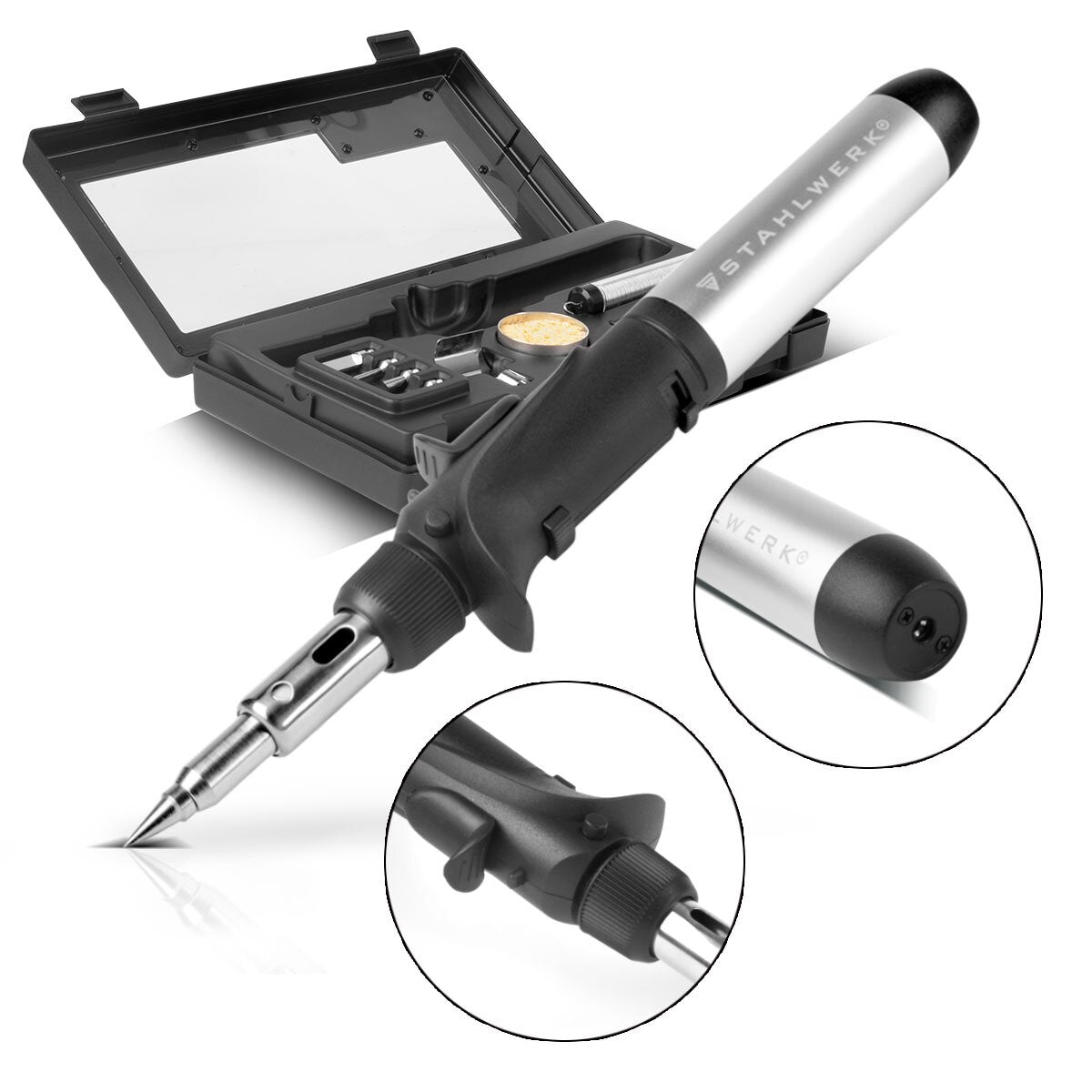 STAHLWERK gas soldering iron GLK-500 ST 10-piece 3-in-1 gas soldering set | Soldering device | Soldering station | Soldering gun with 200 - 500°C soldering temperature and 1,300°C flame nozzle for hot air, fire and soldering work