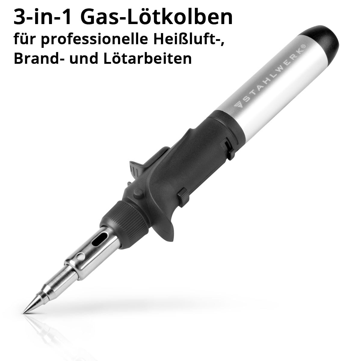 STAHLWERK gas soldering iron GLK-500 ST 10-piece 3-in-1 gas soldering set | Soldering device | Soldering station | Soldering gun with 200 - 500°C soldering temperature and 1,300°C flame nozzle for hot air, fire and soldering work