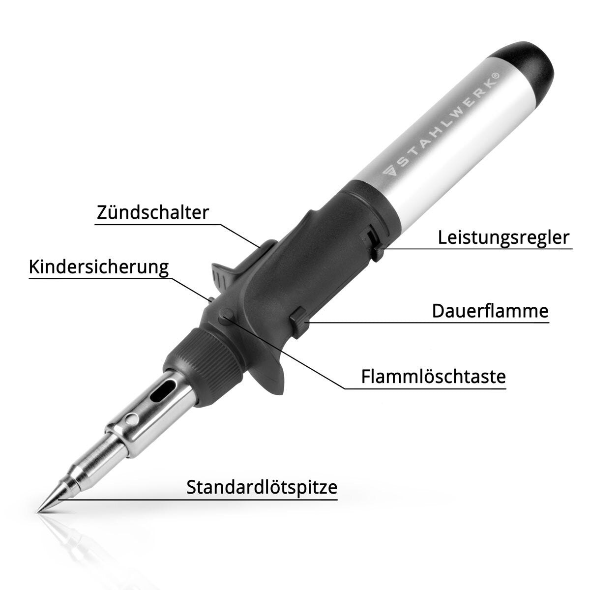STAHLWERK gas soldering iron GLK-500 ST 10-piece 3-in-1 gas soldering set | Soldering device | Soldering station | Soldering gun with 200 - 500°C soldering temperature and 1,300°C flame nozzle for hot air, fire and soldering work
