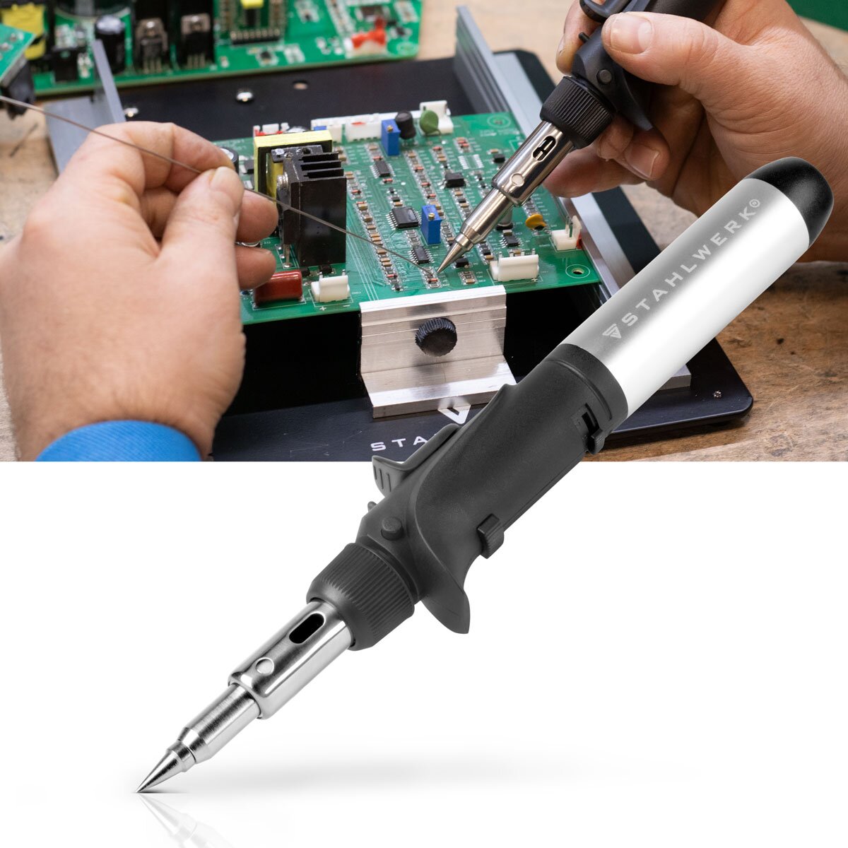 STAHLWERK gas soldering iron GLK-500 ST 10-piece 3-in-1 gas soldering set | Soldering device | Soldering station | Soldering gun with 200 - 500°C soldering temperature and 1,300°C flame nozzle for hot air, fire and soldering work