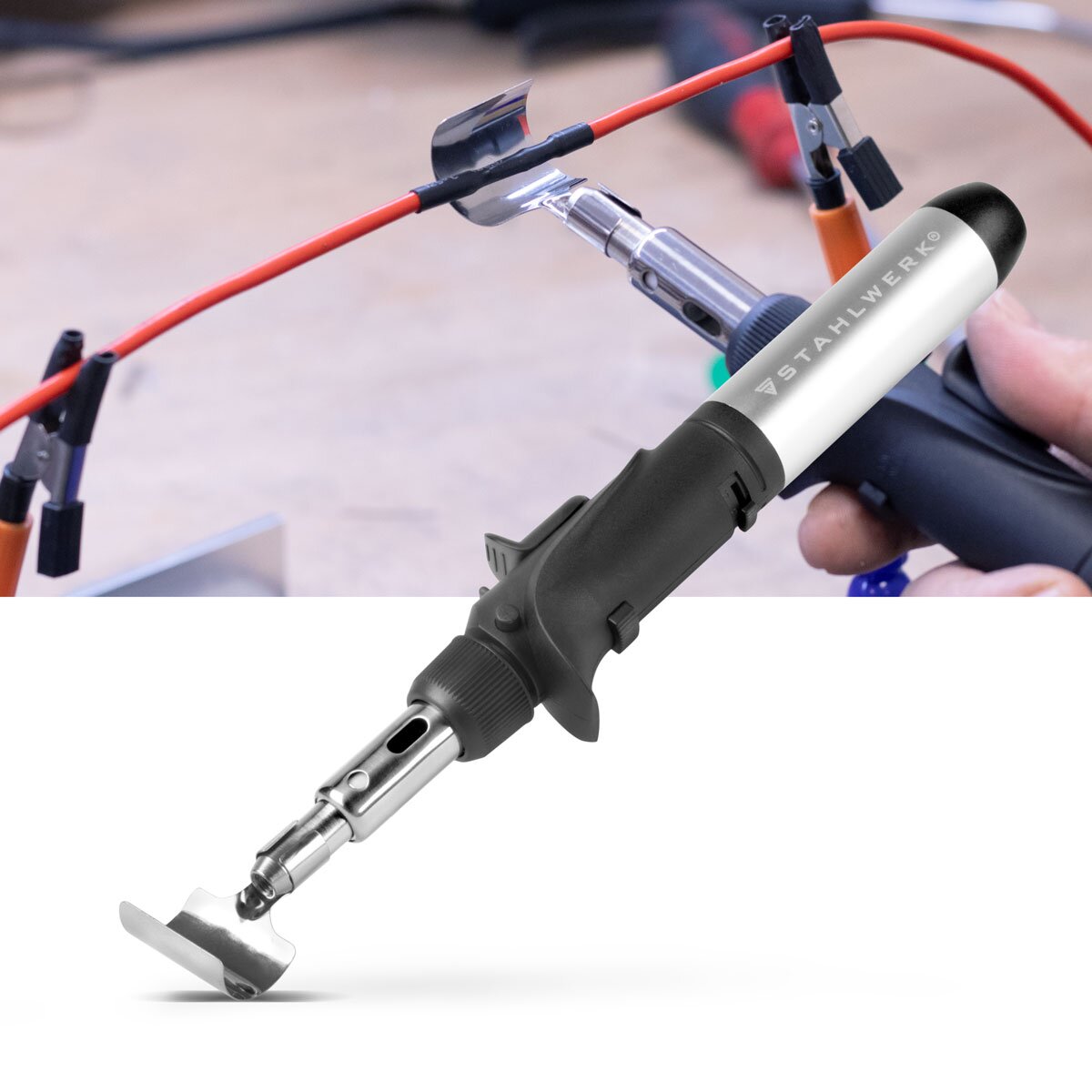 STAHLWERK gas soldering iron GLK-500 ST 10-piece 3-in-1 gas soldering set | Soldering device | Soldering station | Soldering gun with 200 - 500°C soldering temperature and 1,300°C flame nozzle for hot air, fire and soldering work