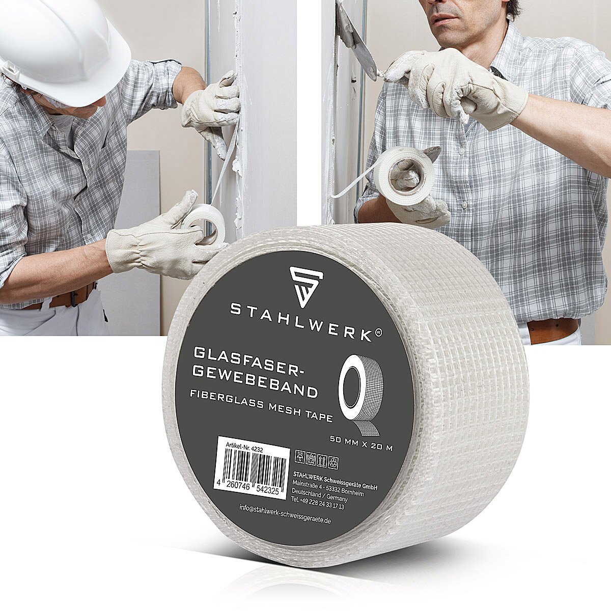 STAHLWERK Glasfaser-Gewebeband 20 m x 50 mm, selbstklebendes Trockenbau Fugenband / Fugendeckstreifen / Bewehrungsstreifen mit Gitternetzstruktur für Spachtelarbeiten