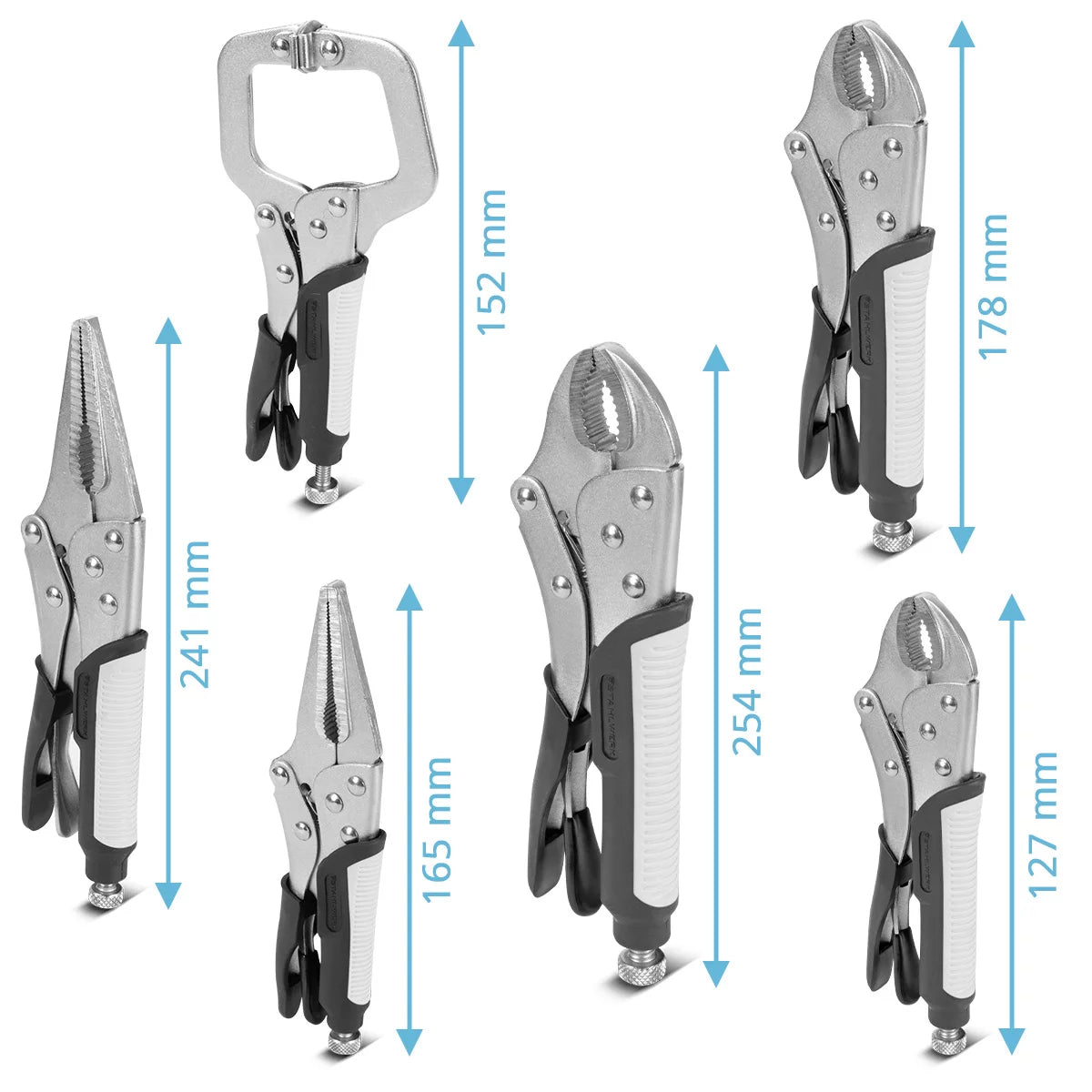 STAHLWERK grip pliers set of 6, adjustable clamping range Langbeck grip pliers 165/241mm | Grip pliers with curved jaws 127/178/254 mm | C-clamp 152 mm | Ergonomic TPR handles | Roll bag included