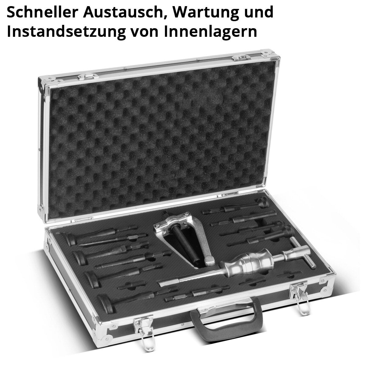 STAHLWERK blind hole bottom bearing puller set with slide hammer, 3 adapters and 10 bearing pullers. 16-piece special tool for removing bottom bearings