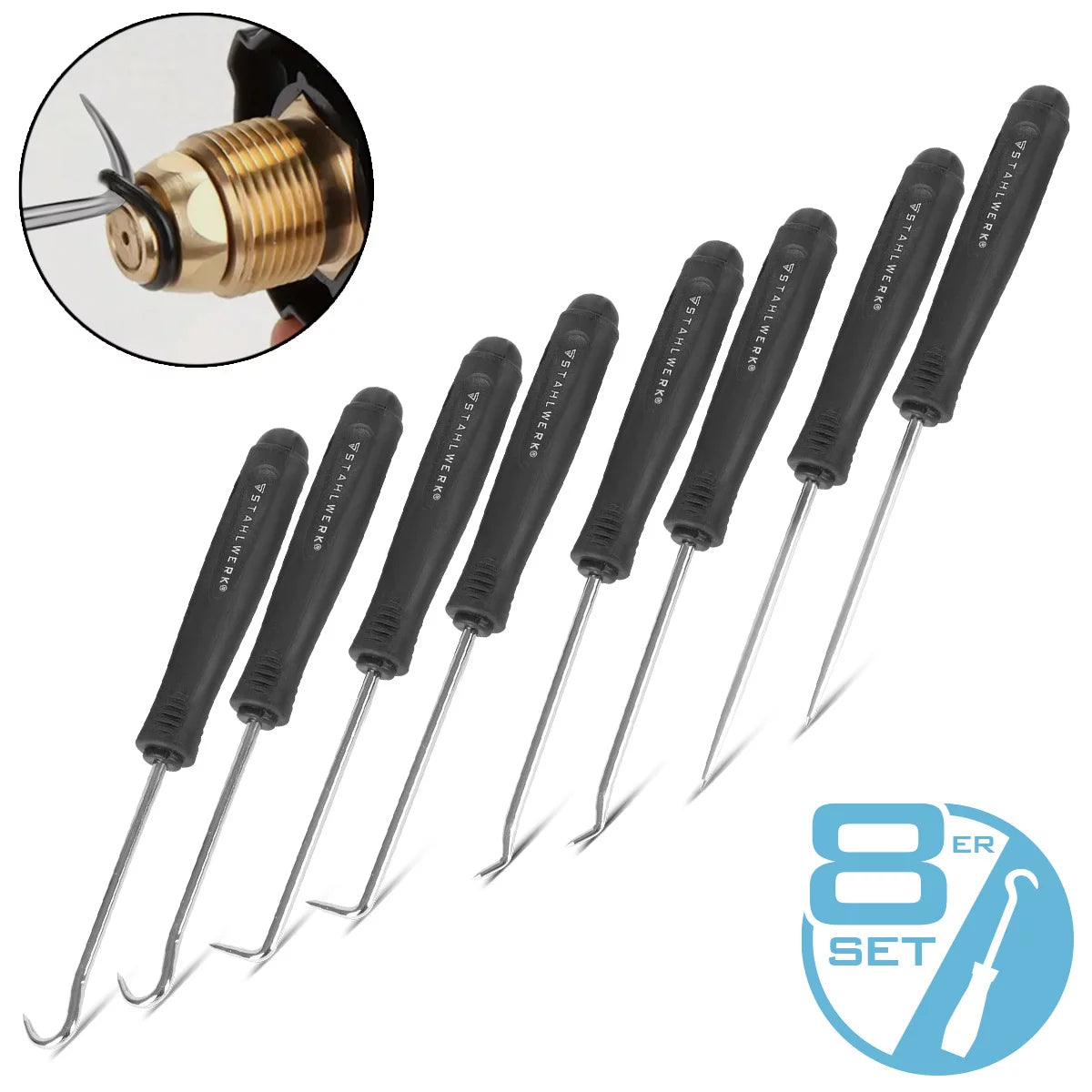 STAHLWERK hook tool set 8 pieces | Hook set | Needle hook | Sealing hook | Pick set | Precision hook | O-ring tool for removing and inserting seal rings