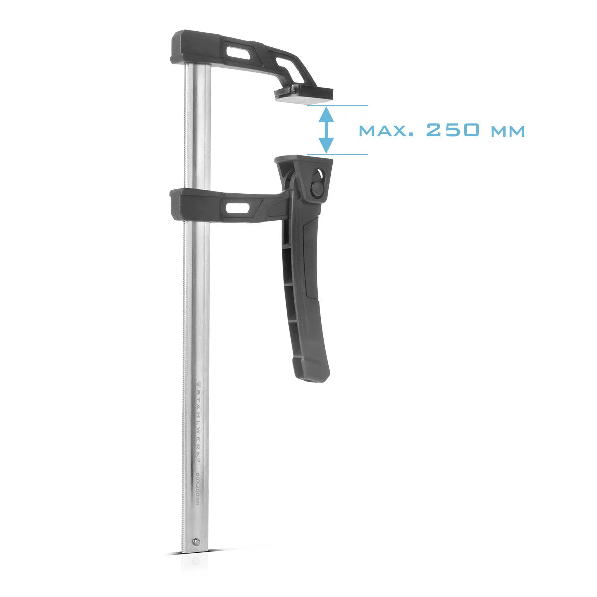 Pince à levier STAHLWERK 80x250 mm | pince puissante avec une force de pression de 100 kg | Sauterelle pour une fixation précise des pièces | pince stable avec une largeur de serrage de 250 mm, profondeur de serrage de 80 mm