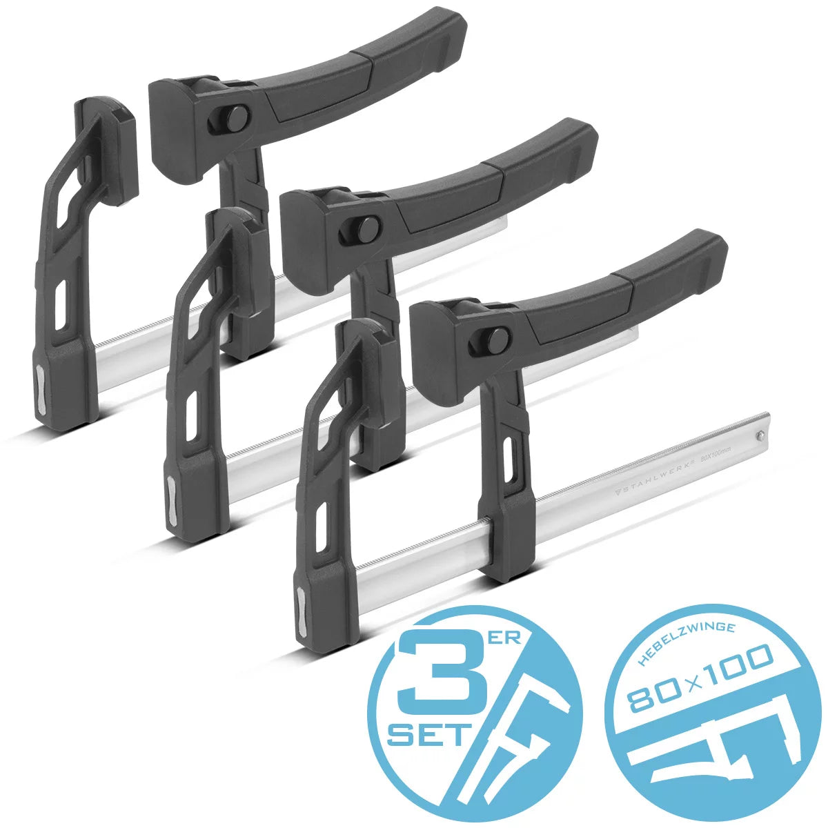 STAHLWERK 3 x pince à levier 80x100 mm | pince puissante avec une force de pression de 100 kg | Sauterelle pour une fixation précise des pièces | pince stable avec une largeur de serrage de 100 mm, profondeur de serrage de 80 mm